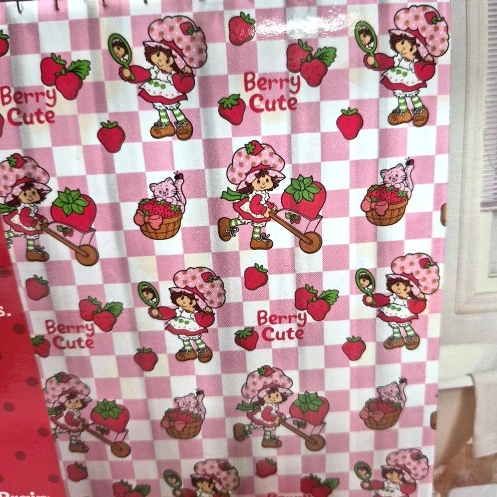 Strawberry Shortcake 13PC Shower Curtain Set Pink Checkered Berry Cute 72x72 NEW